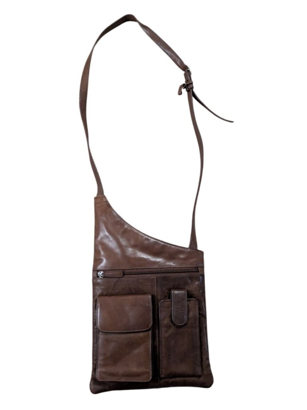 ILI New York Brown Leather Asymmetrical Crossbody Bag Multi Pocket Y2K